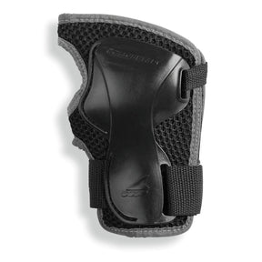 A black and gray protective wrist guard pad with a textured mesh backing and adjustable hook-and-loop straps, shown on a white background.