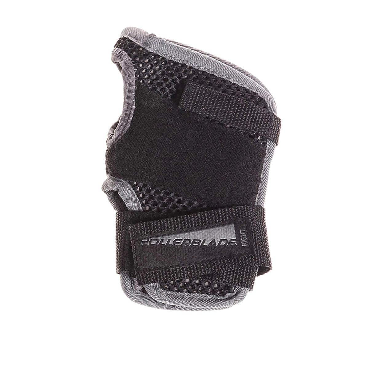 A black wrist guard with velcro straps, a stitched on patch that read "rollerblade right", mesh material and a stitched gray material border on a white background. 