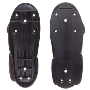 A black plastic aggressive inline skate soul plate part shown from the top and the bottom with holes for screws and ribbed reinforcement featured on a white back ground.