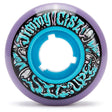 A single purple urethane inline skate anti rocker wheel with a graphic and a blue core featured on a white background.