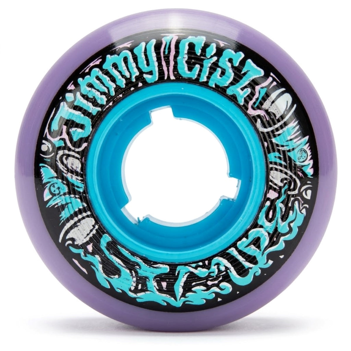 A single purple urethane inline skate anti rocker wheel with a graphic and a blue core featured on a white background.