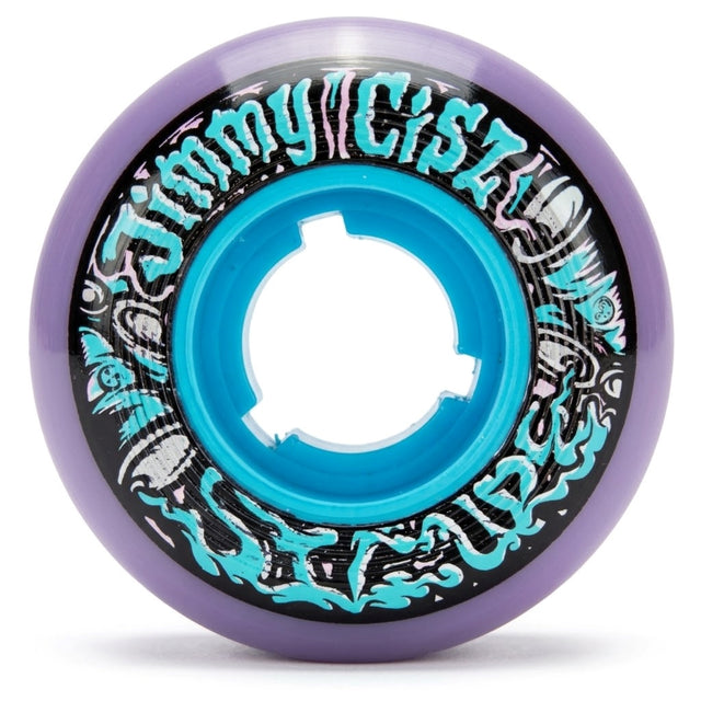 A single purple urethane inline skate anti rocker wheel with a graphic and a blue core featured on a white background.