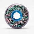 Aggressive skate wheel made by the company Sic Urethane. Wheel features purple urethane with a blue core, turquoise and light pink graphic with the words "Jim
my Cisz" and "sold" written. this is the pro model wheel for Jimmy Cisz.