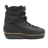Black high-top boot with a brown sole on a white background