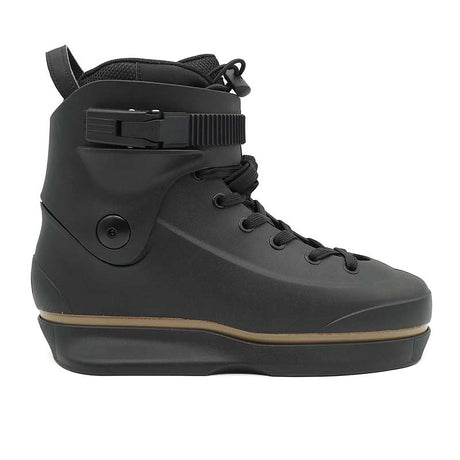 Black high-top boot with a brown sole on a white background