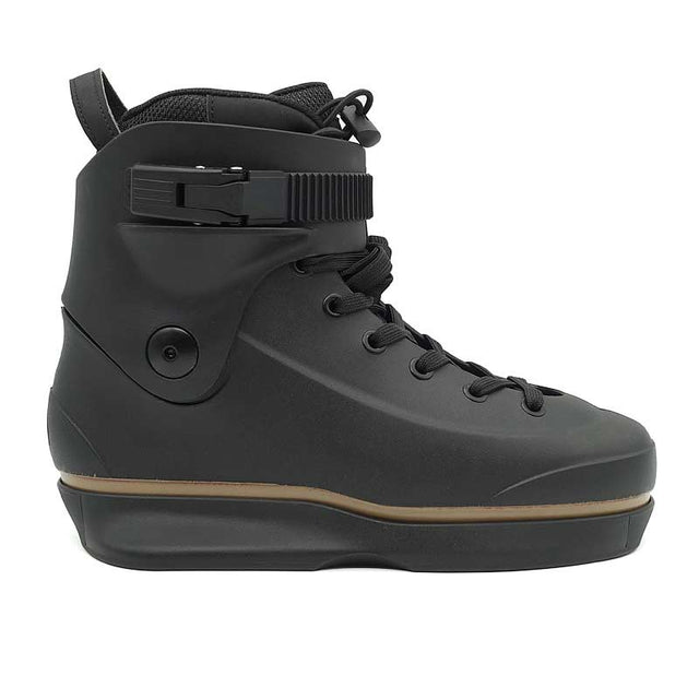 Black high-top boot with a brown sole on a white background
