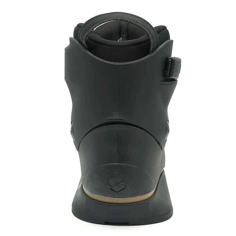 Black boot with a strap on a white background