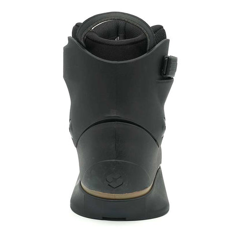Black boot with a strap on a white background