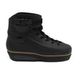 Black aggressive inline skate shell with a strap on a white background