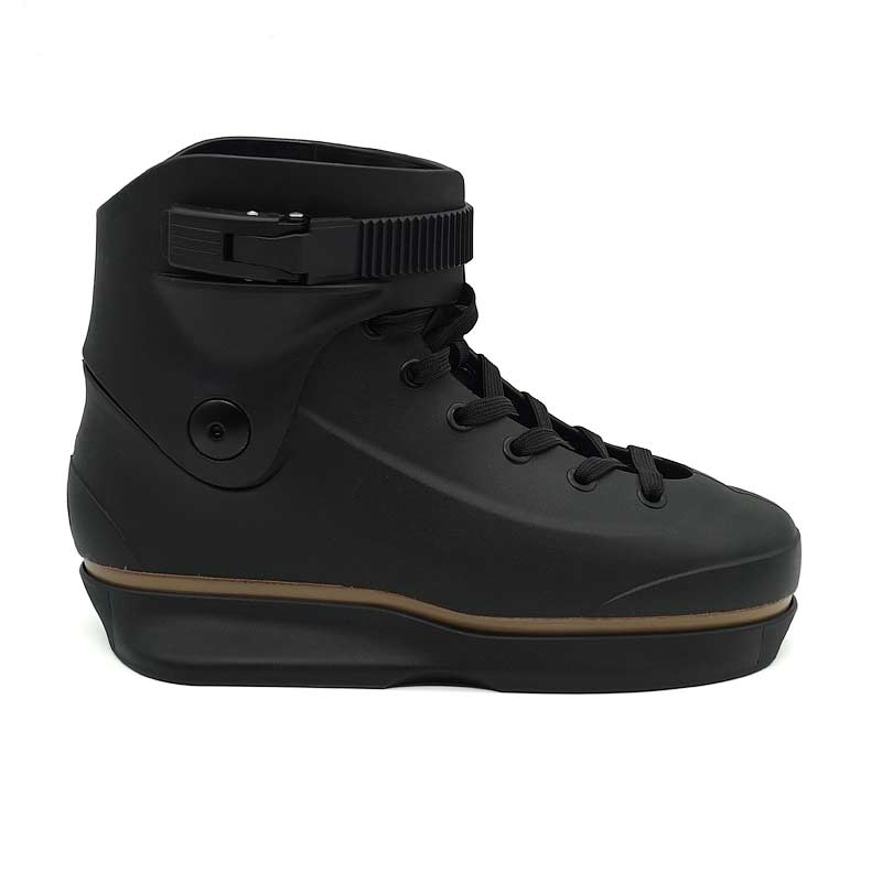 Black aggressive inline skate shell with a strap on a white background