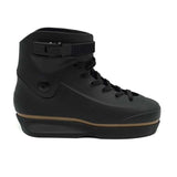 Black aggressive inline skate shell with a strap on a white background