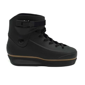 Black aggressive inline skate shell with a strap on a white background