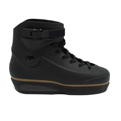 Black aggressive inline skate shell with a strap on a white background