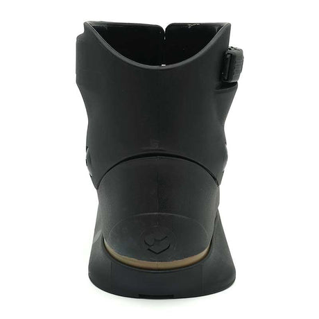 Black boot with a white sole on a white background