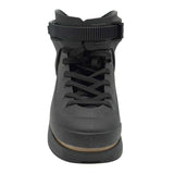 Black aggressive inline skate shell with a strap on a white background