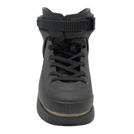 Black aggressive inline skate shell with a strap on a white background