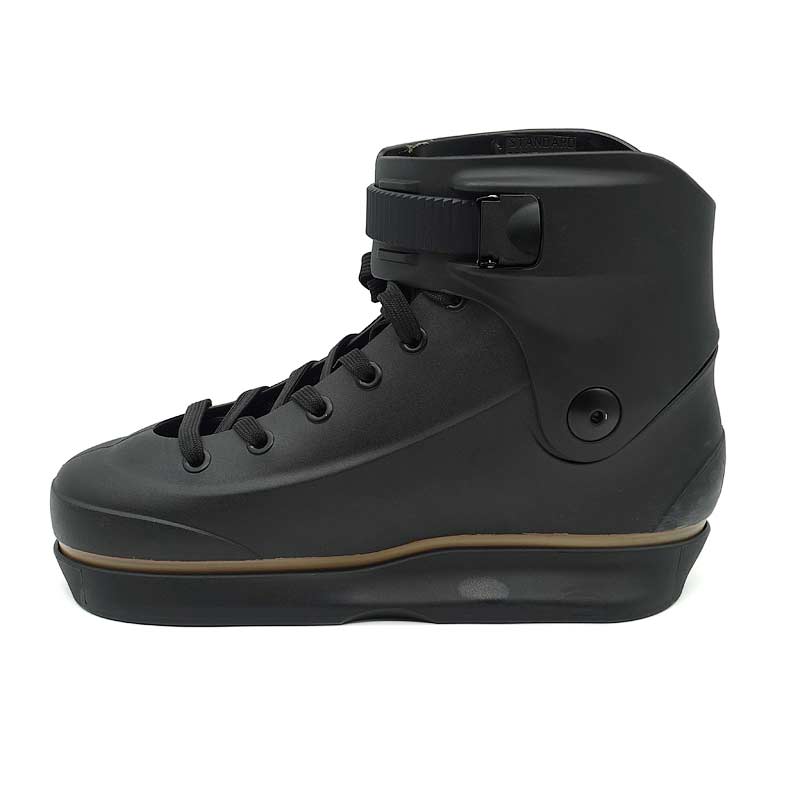 Black aggressive inline skate shell with a strap on a white background
