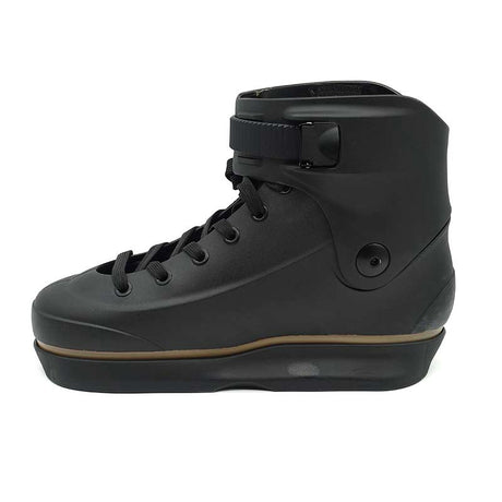 Black aggressive inline skate shell with a strap on a white background