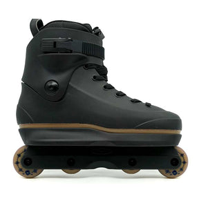 Black roller skate boot with brown wheels on a white background