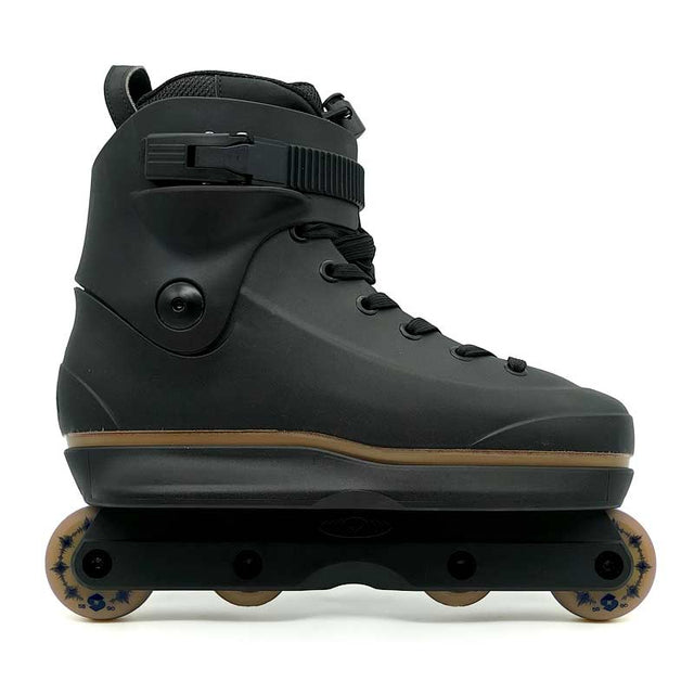 Black roller skate boot with brown wheels on a white background