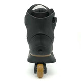 Black inline skate with a visible wheel on a white background