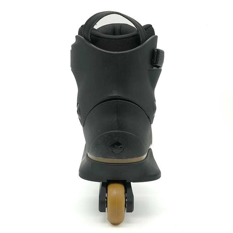 Black inline skate with a visible wheel on a white background