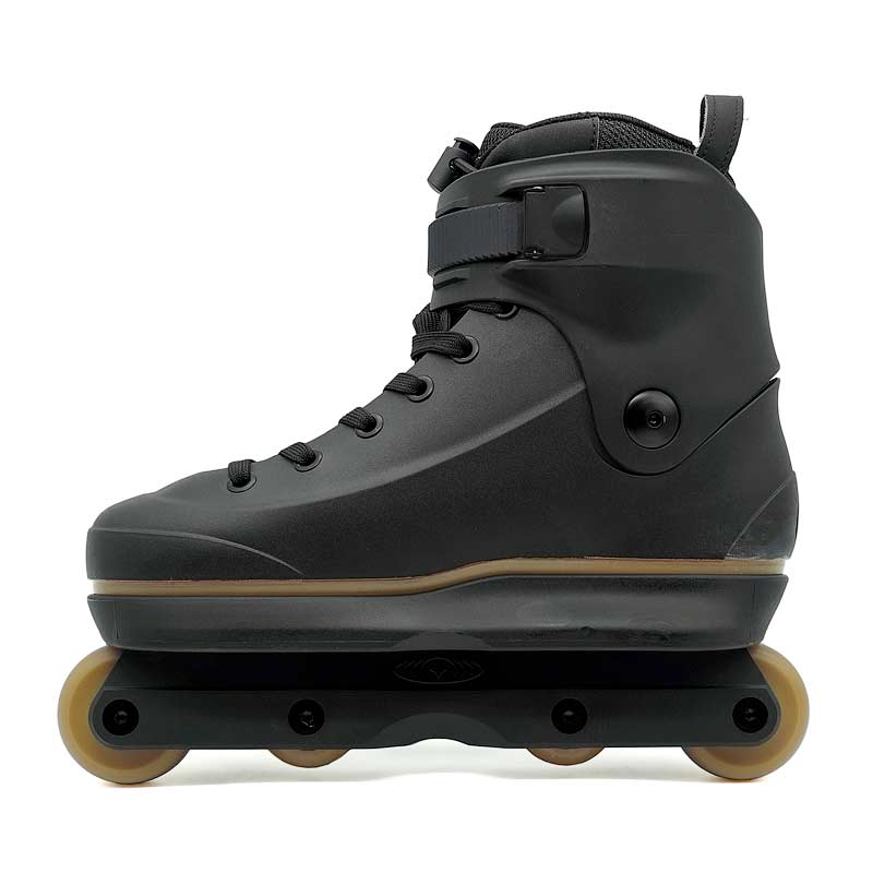 Black roller skate with brown wheels on a white background