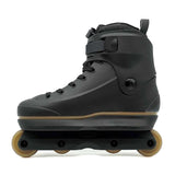 Black roller skate with brown wheels on a white background