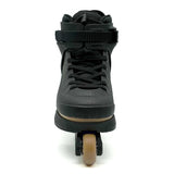 Black roller skate with a white background