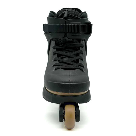 Black roller skate with a white background