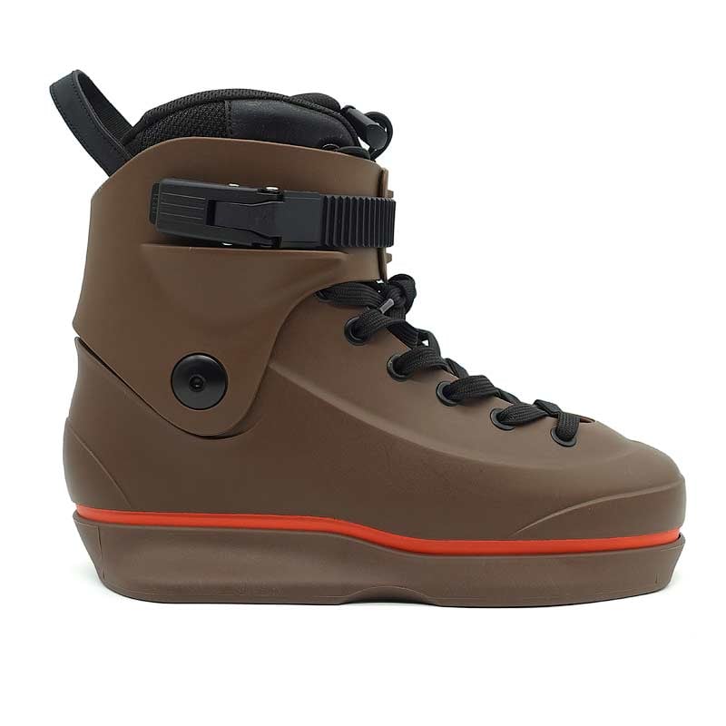 Brown high-top sneaker with black laces and a red sole on a white background