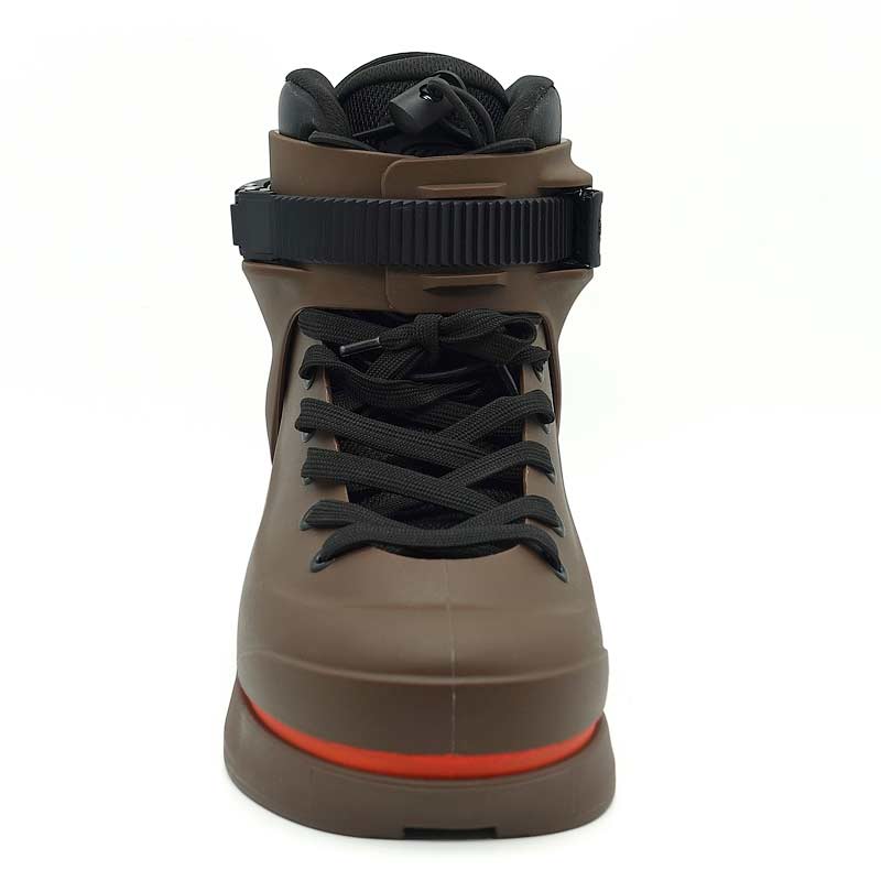 Brown high-top sneaker with black laces on a white background