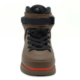 Brown high-top sneaker with black laces on a white background