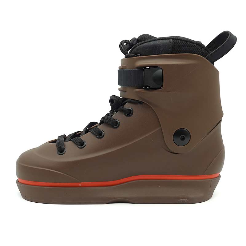 Brown boot with black laces and a red stripe on a white background