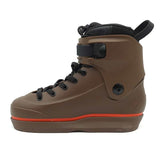 Brown boot with black laces and a red stripe on a white background