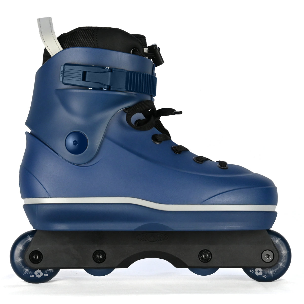 Blue roller skate with black wheels on a white background