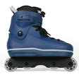 A blue inline skate boot with black laces, a black ankle strap, and white wheels, shown from a side profile on a white background.