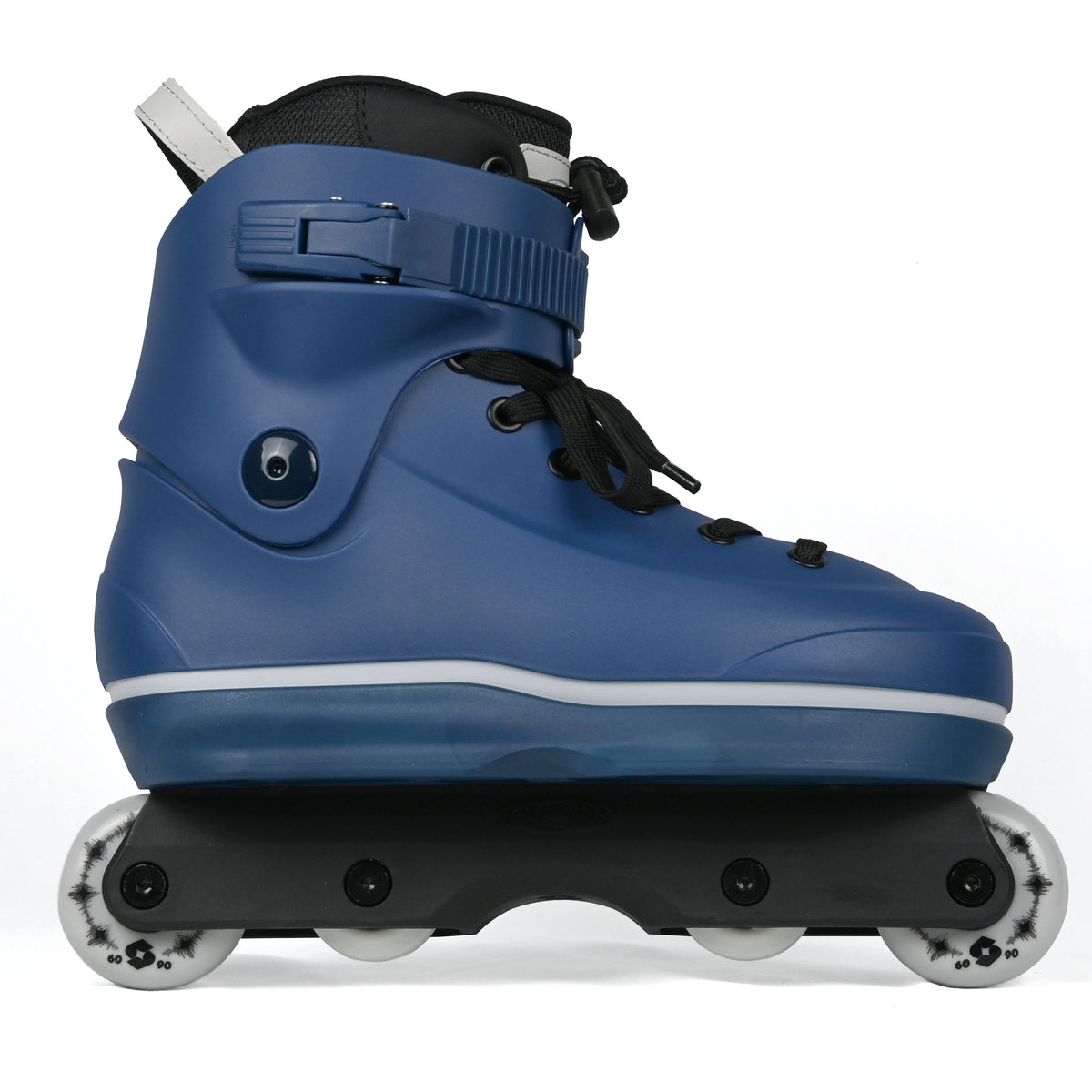 A blue inline skate boot with black laces, a black ankle strap, and white wheels, shown from a side profile on a white background.