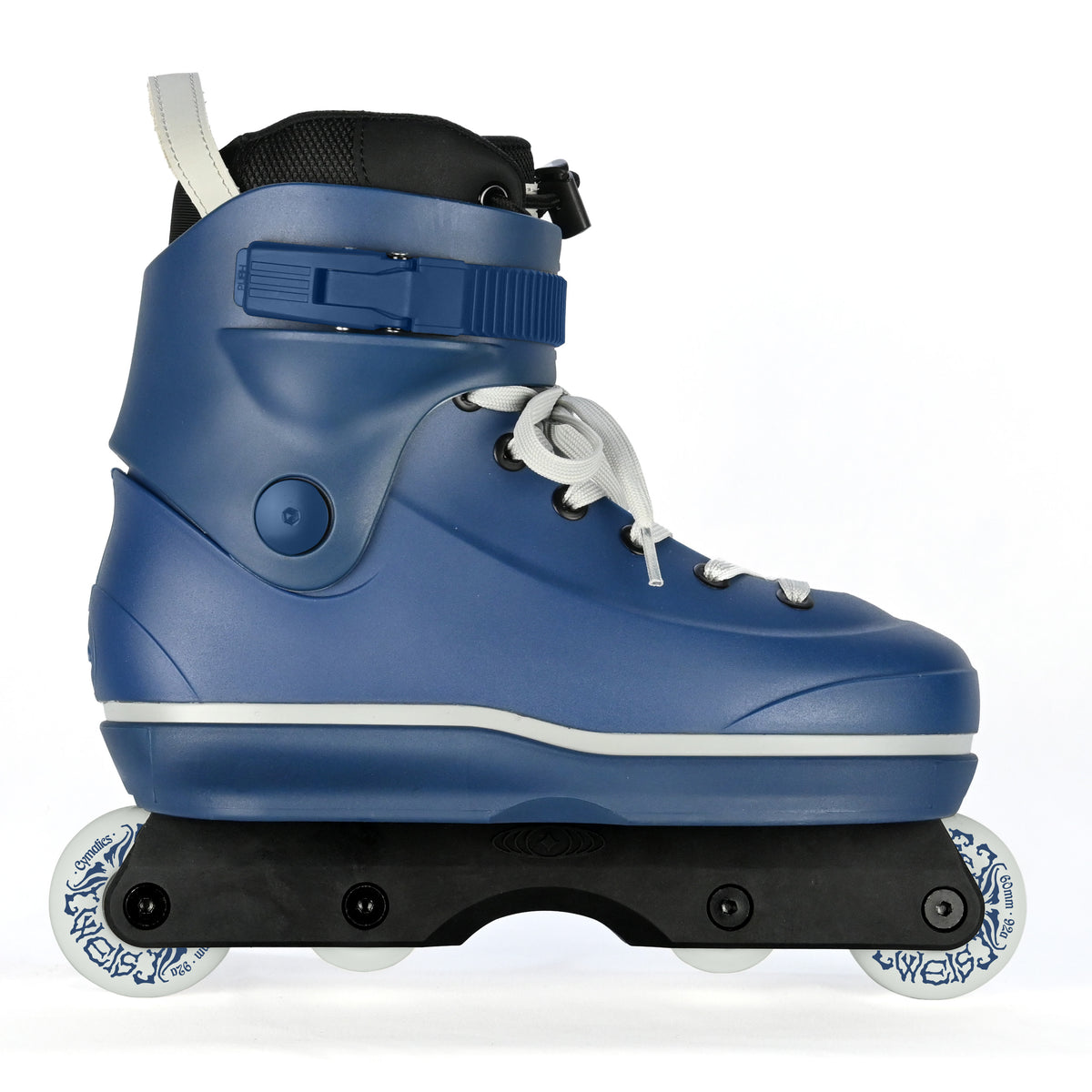 Blue roller skate with white laces on a white background