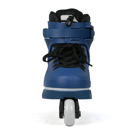 A single blue inline skate boot with black laces, a black ankle strap, and a white wheel, shown against a plain white background.