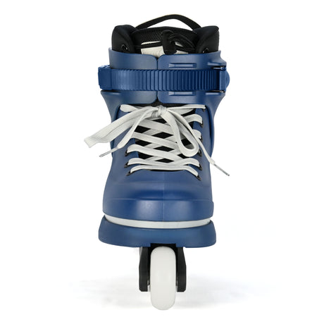 Blue roller skate with white laces on a white background