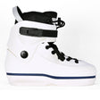 A white Standard skate co inline aggressive skate boot only  with black laces, a black buckle strap, and a navy blue stripe along the sole, shown against a plain white background.