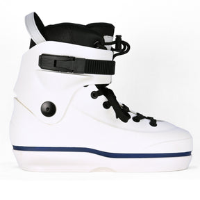 A white Standard skate co inline aggressive skate boot only  with black laces, a black buckle strap, and a navy blue stripe along the sole, shown against a plain white background.