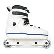 A white inline skate boot with black laces, a black ankle strap, and a thin blue stripe along the side, shown against a plain white background.