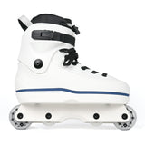 A white inline skate boot with black laces, a black ankle strap, and a thin blue stripe along the side, shown against a plain white background.