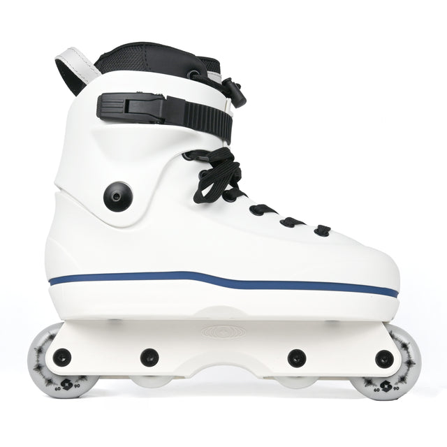 A white inline skate boot with black laces, a black ankle strap, and a thin blue stripe along the side, shown against a plain white background.