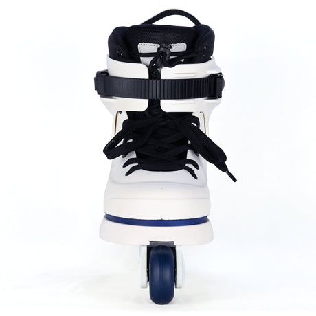 White rollerblade with black wheels on a white background