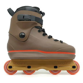 Brown roller skate with orange wheels on a white background