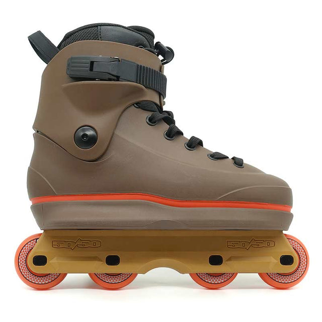 Brown roller skate with orange wheels on a white background