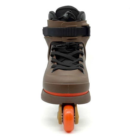 Brown roller boot with orange wheels on a white background